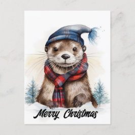 Jul Otter Blue Hat Red Scarf Vykort