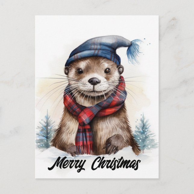 Jul Otter Blue Hat Red Scarf Vykort (Framsida)