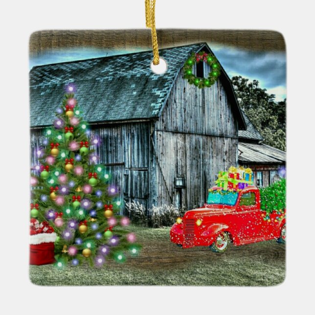 Jul på Farm Rustic Barn Julgransprydnad Keramik (Framsida)
