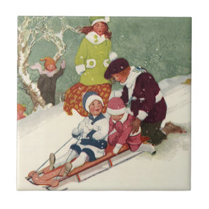 Jul på gammalt vis, barn som åker pulka i snön kakelplatta