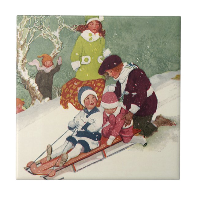 Jul på gammalt vis, barn som åker pulka i snön kakelplatta (Framsidan)