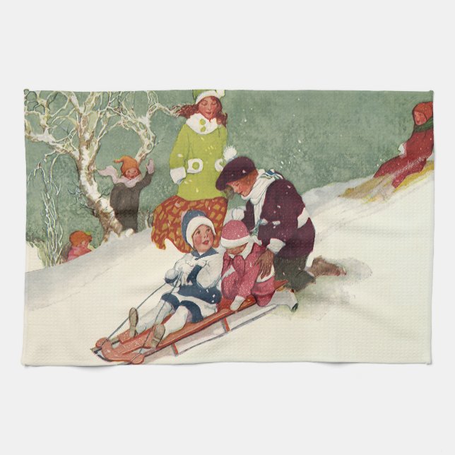 Jul på gammalt vis, barn som åker pulka i snön kökshandduk (Horisontell)