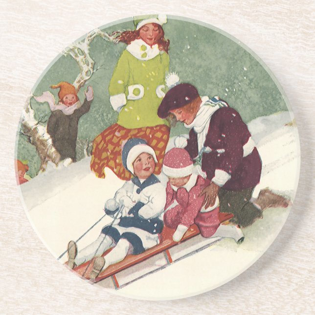 Jul på gammalt vis, barn som åker pulka i snön underlägg (Framsidan)