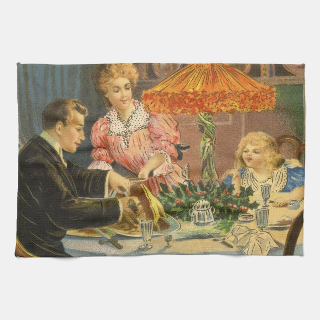 Jul på gammalt vis, viktoriansk familjemiddag kökshandduk (Horisontell)