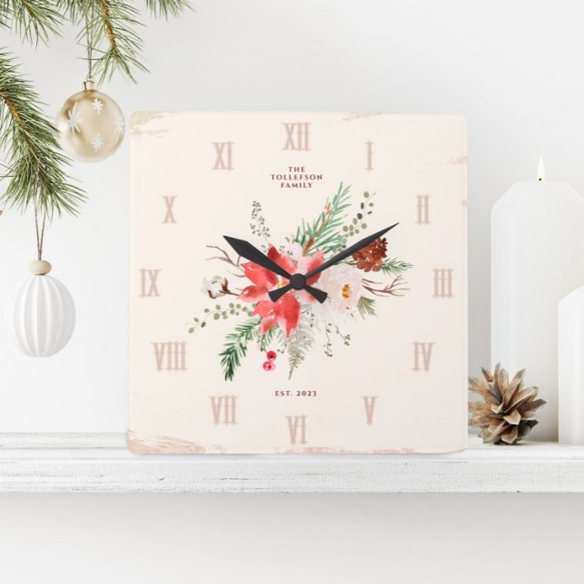 Jul på lantgård Vinter Poinsettia Rustik Fyrkantig Klocka (Christmas Clock - Rustic Vintage Farmhouse Poinsettia & Winter Greenery)