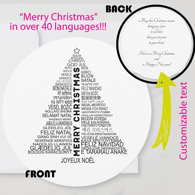🎄 jul på många språk julkort (Merry Christmas wishes in 40+ languages, unique round Christmas card for everyone. Custom text)