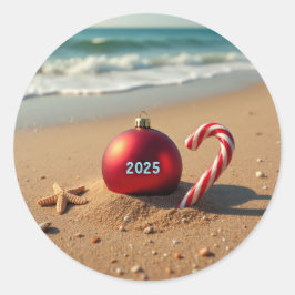Jul på strand sjöstjärna sockerrör runt klistermärke