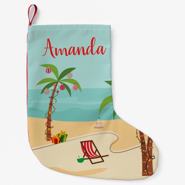 Jul på stranden festlig liten julstrumpa (Framsidan)