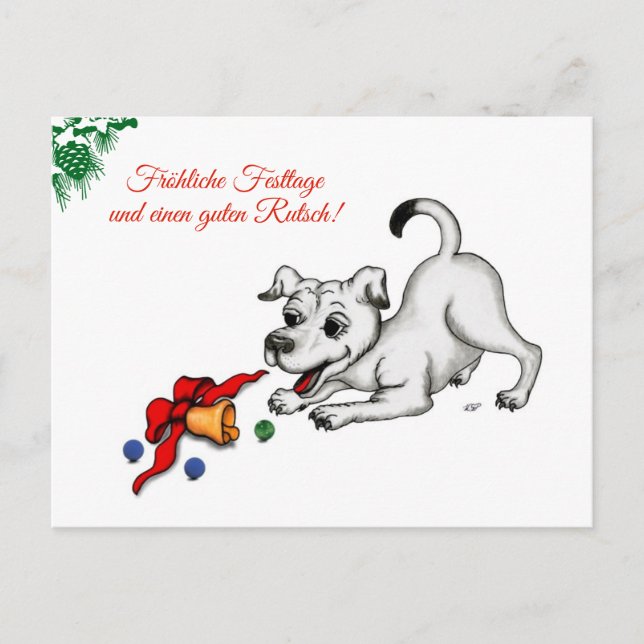 jul på tyska med valp, klocka och boll vykort (Framsida)