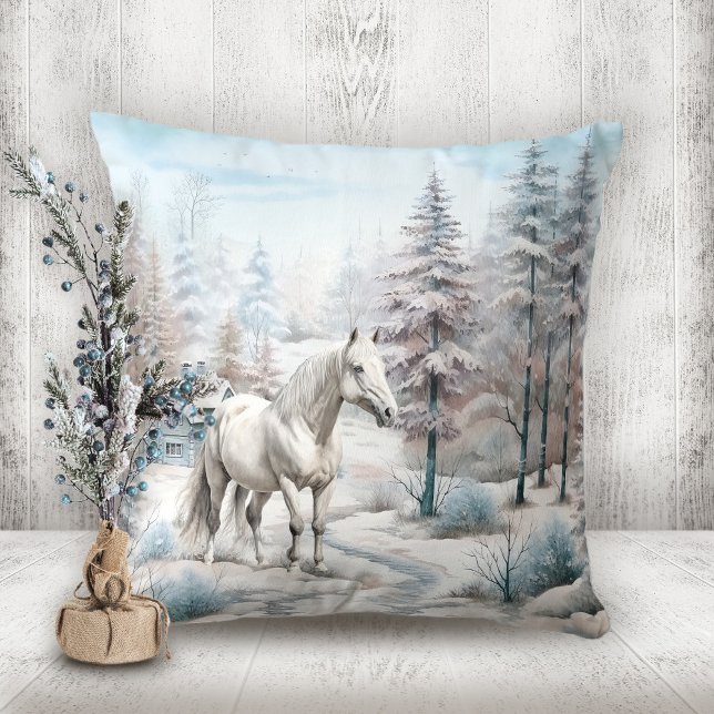 Jul på vinterscenen Snowwood Forest Horse Kudde (Snowy forest Horse winter scene Christmas Throw Pillow)