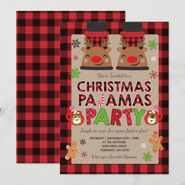 Jul Pajama-partiets inbjudan Helgdag Pajamas (Fram/baksida)