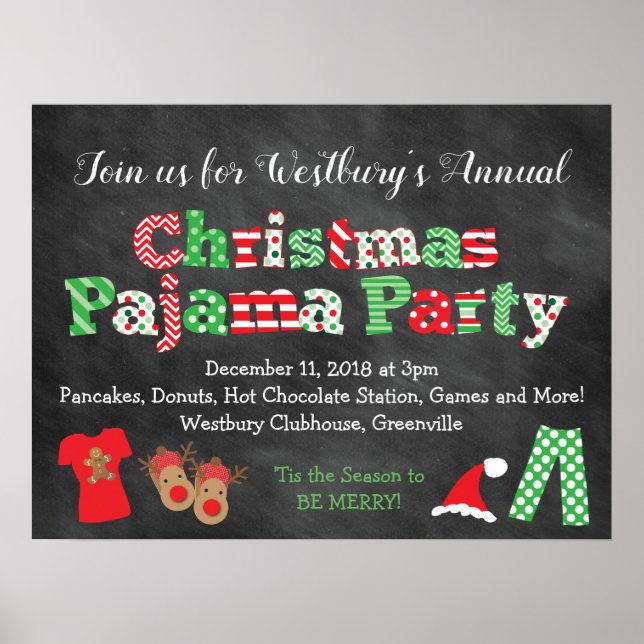 Jul Pajama Party Chalkboard Stil Poster (Framsidan)