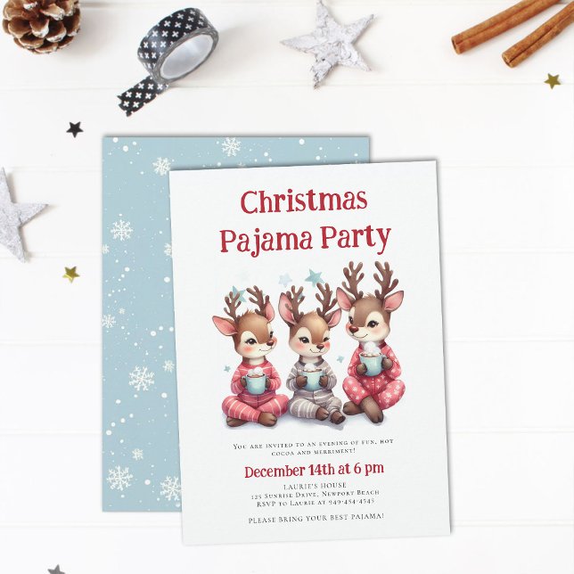 Jul Pajama Party Funny Cute Reindeer Snö Inbjudningar (christmas pajama party invitation funny cute reindeer hot cocoa pj sleepwear sleepover teens kids)