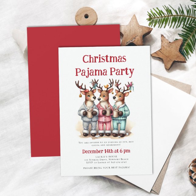 Jul Pajama Party Funny Reindeer Sleepover Inbjudningar (christmas pajama party invitation funny reindeer hot cocoa pj sleepwear sleepover teens kids cute )