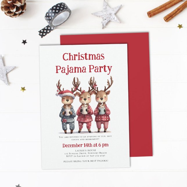 Jul Pajama Party Funny Reindeer Sleepwear Inbjudningar (christmas pajama party invitation funny reindeer hot cocoa pj sleepwear sleepover teens kids cute)