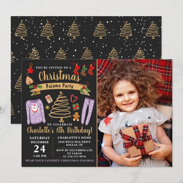 Jul Pajama Party Girl Birthday Photo Inbjudningar (Fram/baksida)