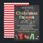 Jul Pajama Party-inbjudan till Chalkboard Inbjudningar<br><div class="desc">Den här roligten och jultomten Pajama Party chalkboard stil är en perfekt för alla julpajamatevenemang! Den här designen har en bakgrund i stil,  en skarp jul färg mönster brev och roligt julgrafik och illustrationer längs grund,  inklusive julpyjamas,  renar tofflor,  candy cane och julhatt!</div>