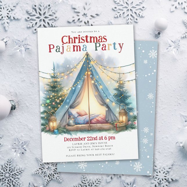 Jul Pajama Party Tält Ljus Watercolor Chic Inbjudningar (christmas pajama party invitation slumber sleepover tent watercolor twinkle lights happy cute)