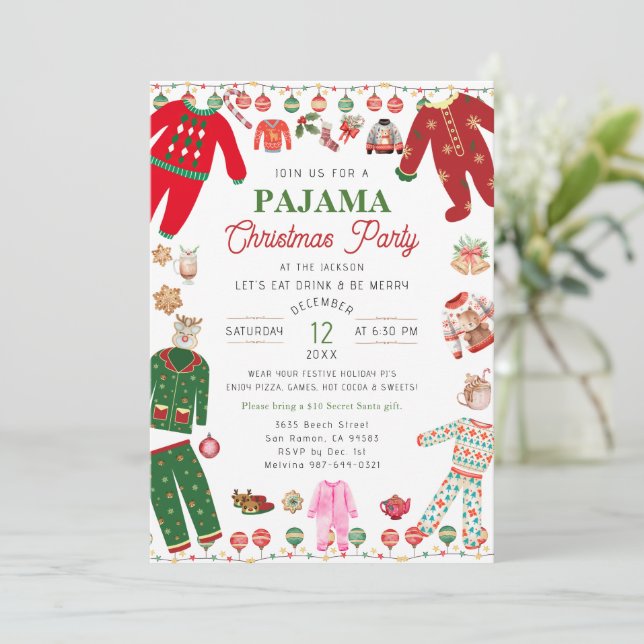 Jul Pajama Party Watercolor Modern Inbjudningar (Stående Fram)