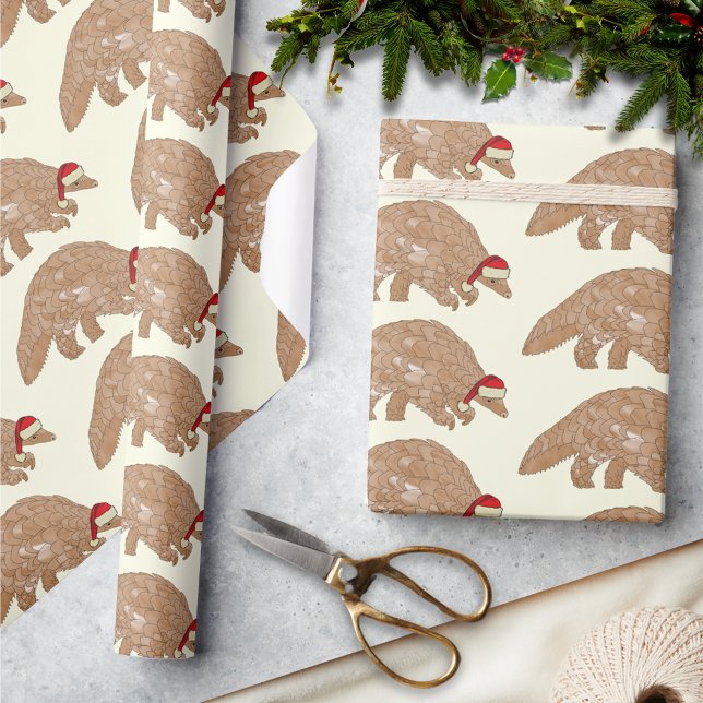 Jul Pangolin Wearing a Santa Hat Presentpapper (Christmas pangolin wearing santa hat pattern wildlife holiday wrapping paper )