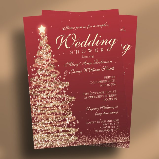 Jul Par Shower Red Guld Inbjudningar (Christmas Couples Shower Red Gold Invitation)