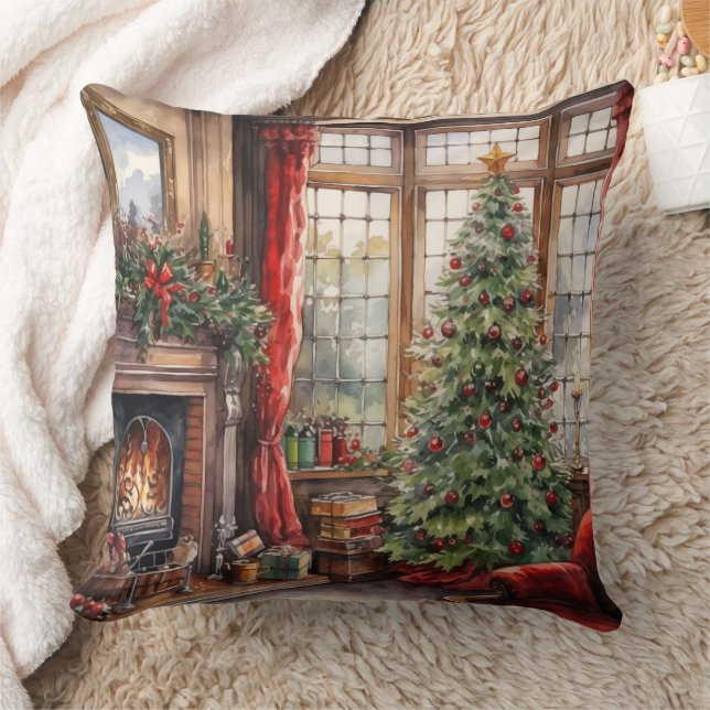 Jul Parlor Window Träd Red Kudde (Filt)