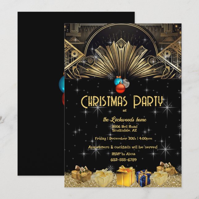 Jul Party Art Deco Guld Black Inbjudningar (Fram/baksida)