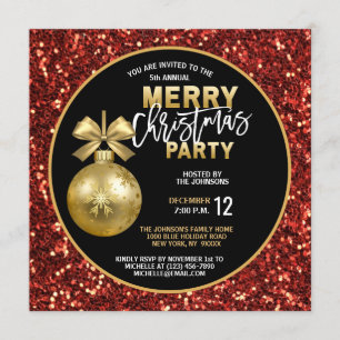 Jul PARTY Black Guld Red Glitter Bauble Inbjudningar