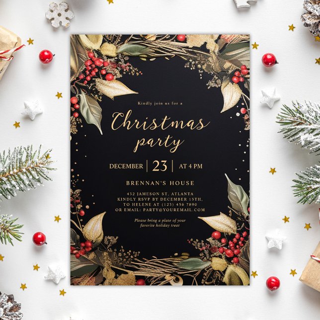 Jul Party, Botaniskt svart och Guld Helgdag Inbjudningar (Christmas Party Botanical Black And Gold Holiday Invitation)