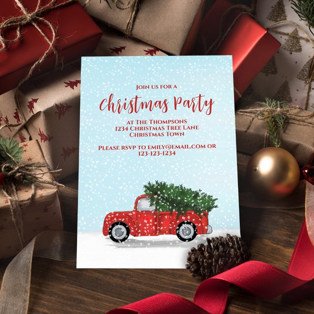 Jul Party Classic Red Lastbil Inbjudningar (Holiday cute Christmas vintage red truck invitation with freshly falling snow. )