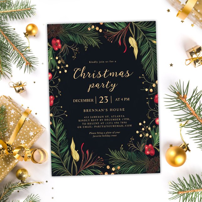 Jul Party Festive Helgdag Greenery Botanique Inbjudningar (Elegant Holiday Wreath Christmas Party Invitation)