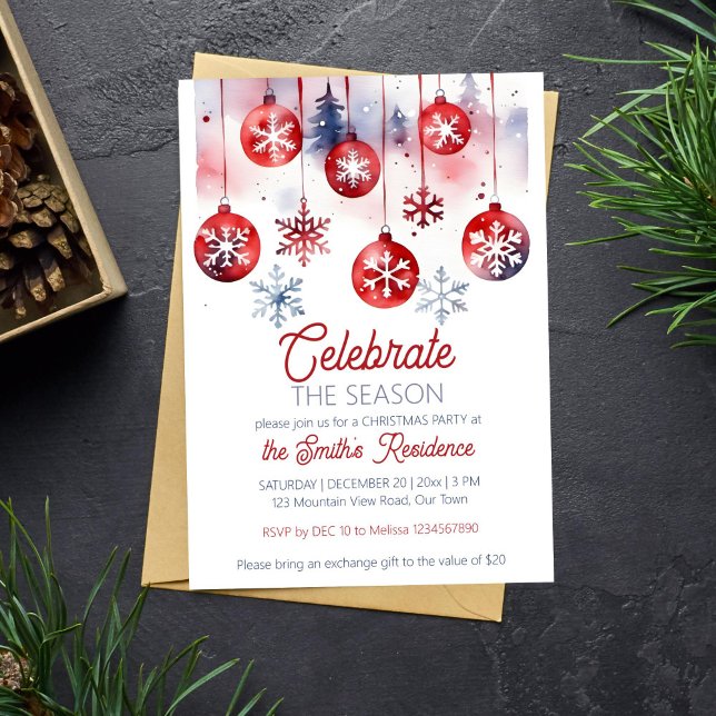 Jul party firar säsongen inbjudningar (Christmas party celebrate the season template invitation instant download watercolor red baubles fir)