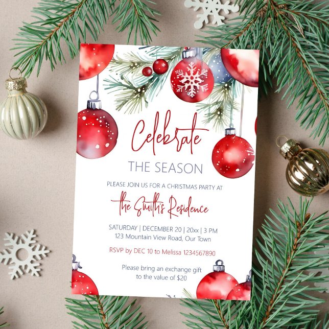 Jul party firar säsongen inbjudningar (Celebrate the season Christmas party template invitation instant download watercolor red baubles )