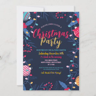 Jul Party Foliage Baubles Navy Festive Roligt Inbjudningar