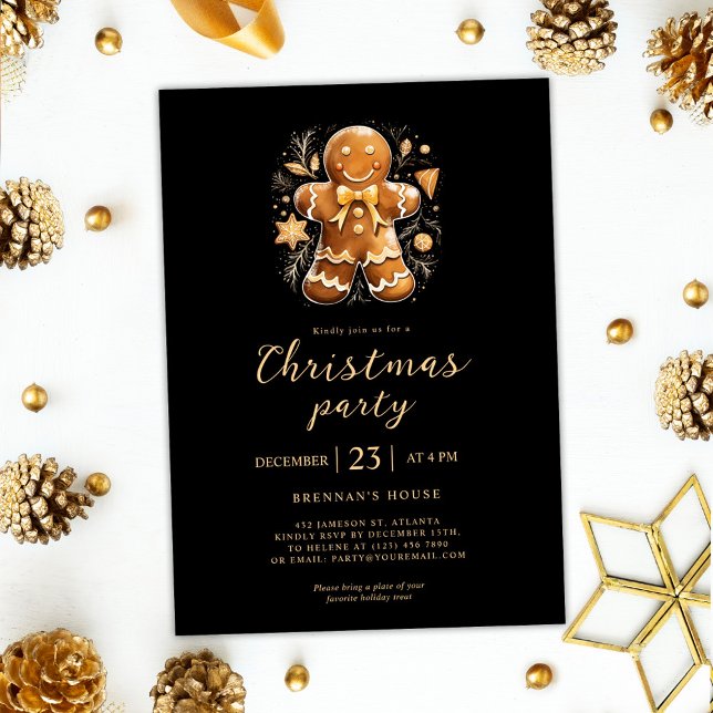 Jul Party Gingerbröd Guld Black Helgdag Inbjudningar (Christmas Party Gingerbread Gold Black Holiday Invitation)