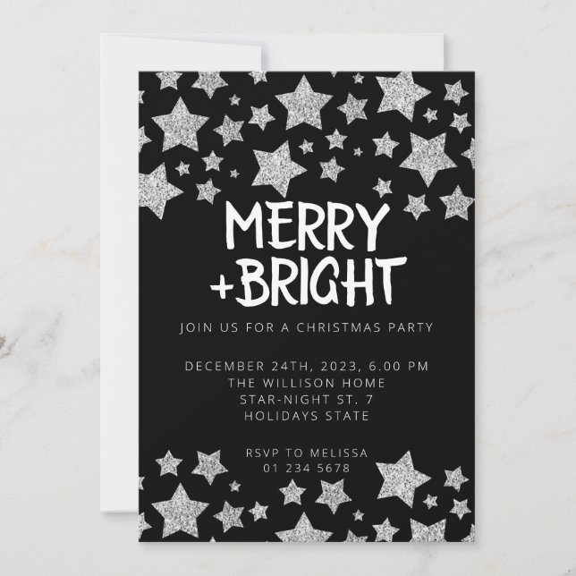 Jul party Gnistra Stars Merry bright Black Inbjudningar (Framsida)