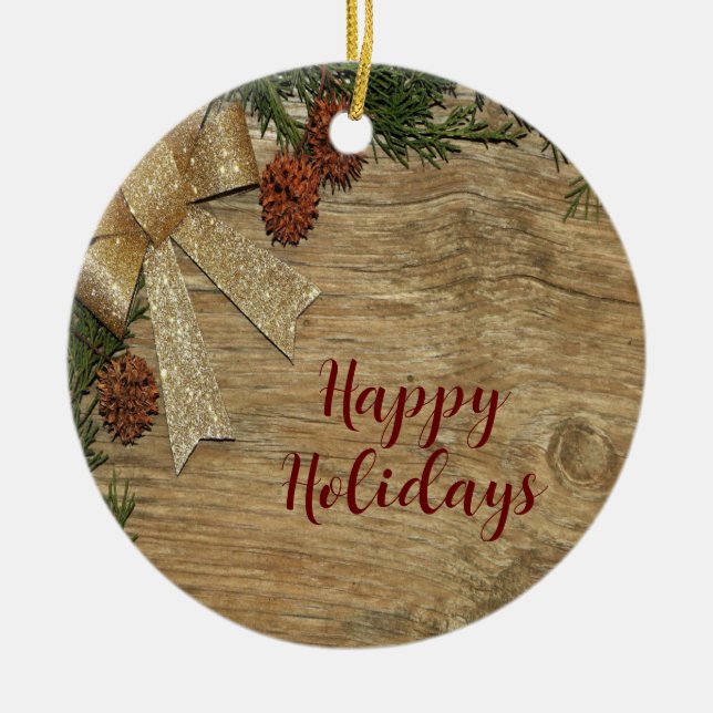 Jul Party Golden Grönt Löv Red Rustic Julgransprydnad Keramik (Framsidan)