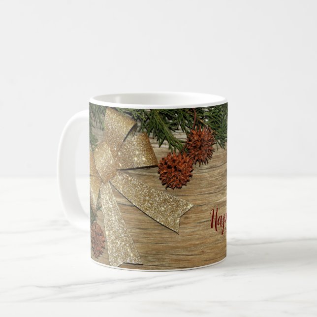 Jul Party Golden Grönt Löv Red Rustic Kaffemugg (Framsida vänster)