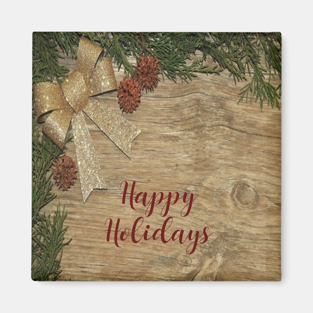 Jul Party Golden Grönt Löv Red Rustic Magnet (Framsidan)