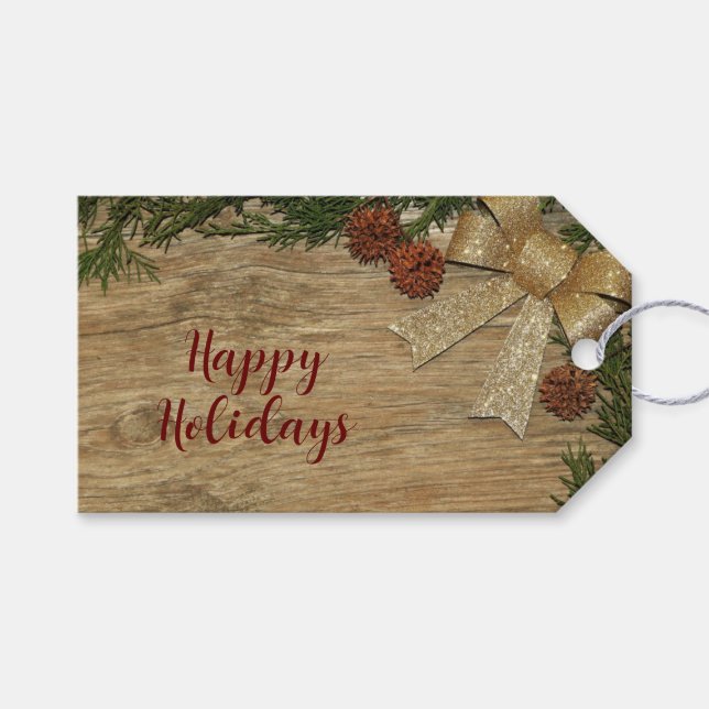 Jul Party Golden Grönt Löv Red Rustic Presentetikett (Framsidan (Horisontell))