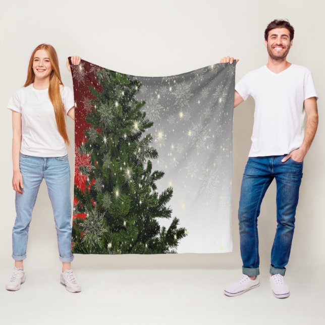 Jul Party Grönt Träd Röda Silver Snöflingor Fleecefilt (På plats)