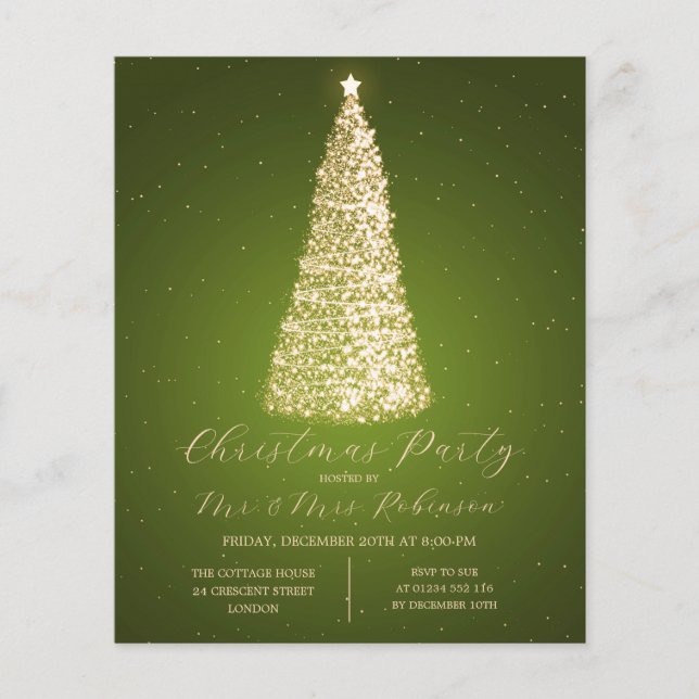 Jul Party Guld Grönt Träd Gnistra Inbjudan Flygblad (Framsidan)