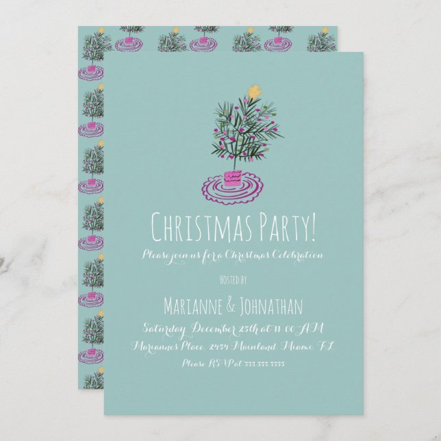 Jul Party Hand plockade Julgran Doodle Inbjudningar (Fram/baksida)