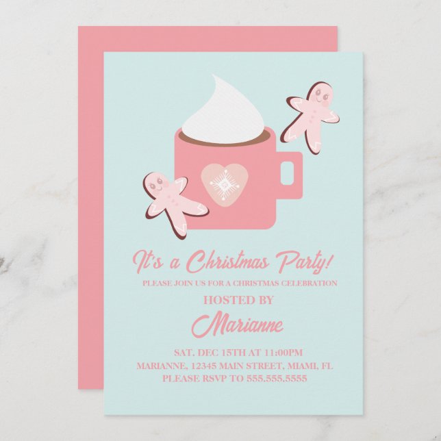 Jul Party Hett Chocolate Mugg Gingerbröd Rosa Inbjudningar (Fram/baksida)
