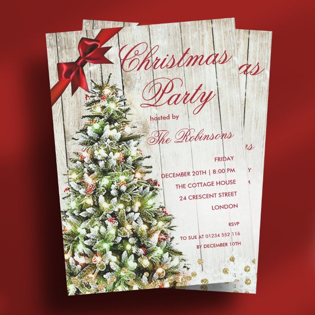 Jul Party | Inbjudan till Rustic Träd & Red Ribbon (Christmas Party | Rustic Tree & Red Ribbon Invitat Invitation)