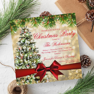 Jul Party Julafton Träd Ribbon Glitter Guld Inbjudningar