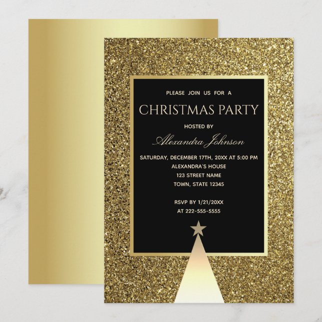 Jul Party Luxury Black och Guld Glitter Inbjudningar (Fram/baksida)