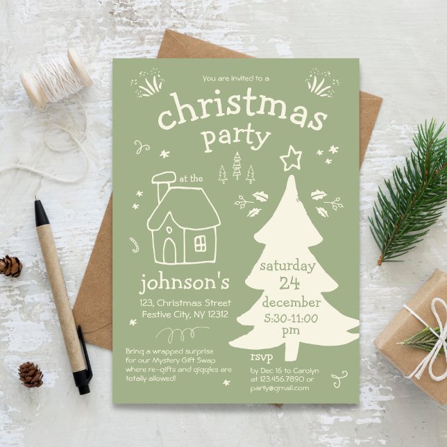 Jul Party med Träd och stuga Inbjudningar (Whimsical Christmas Party with Tree and Cottage Invitation)
