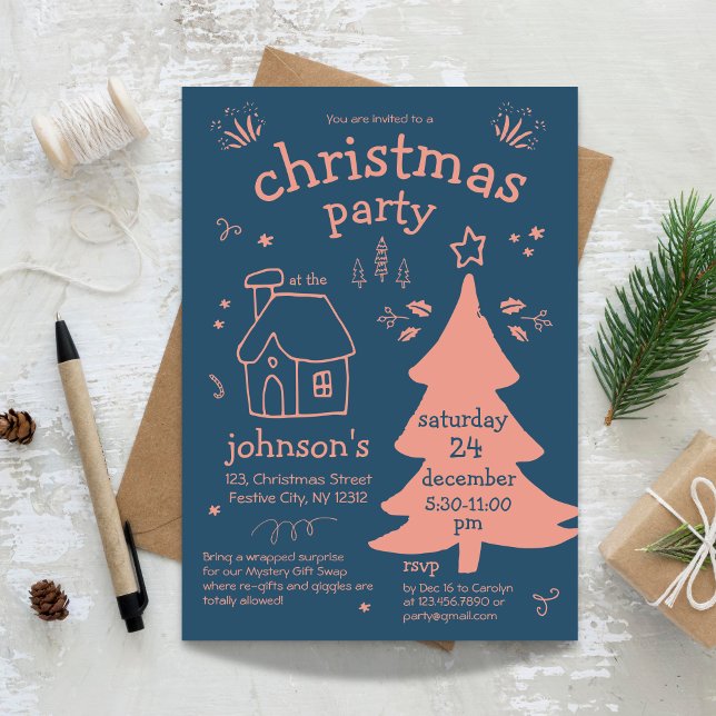 Jul Party med Träd och stuga Inbjudningar (Whimsical Christmas Party with Tree and Cottage Invitation)