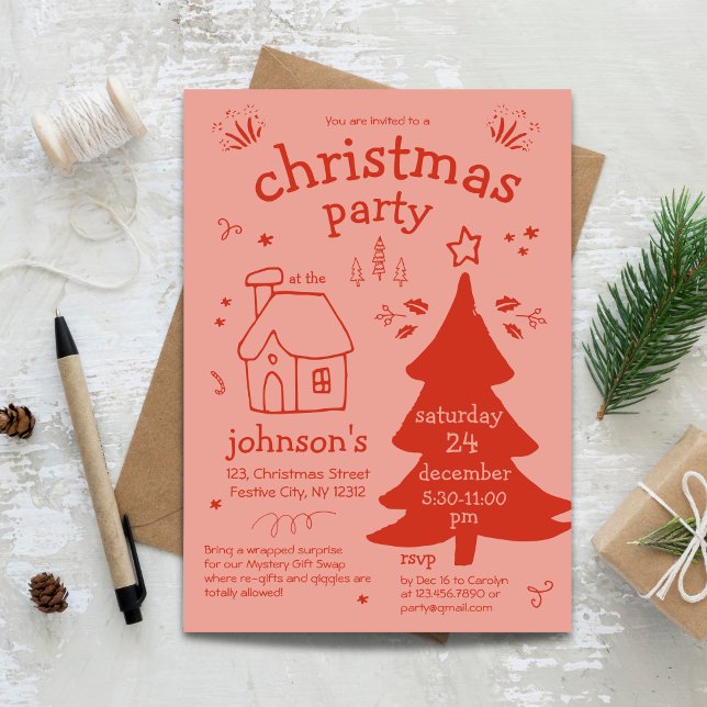 Jul Party med Träd och stuga Inbjudningar (Whimsical Christmas Party with Tree and Cottage Invitation)